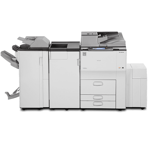 Vista del equipo Ricoh MP 7502 sobre pedestal blanco