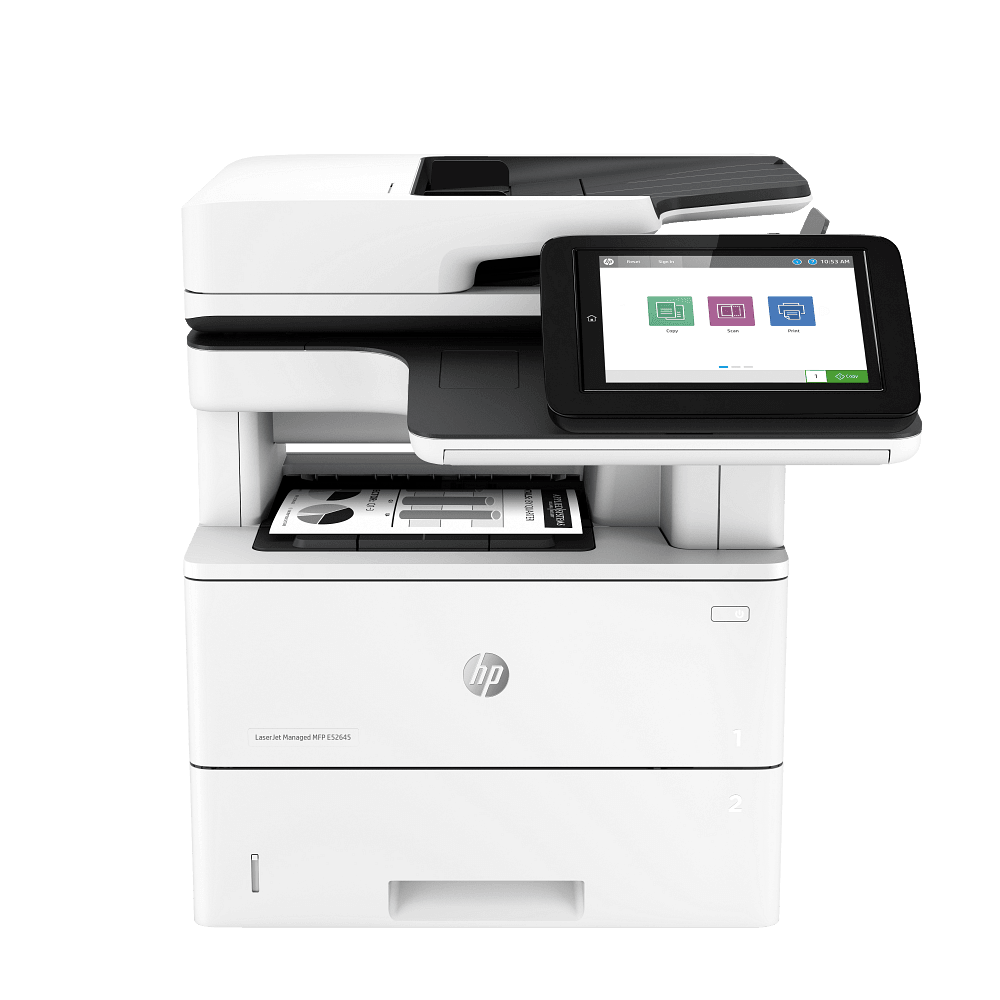 Vista frontal de la HP LaserJet Managed MFP E52645 sobre fondo blanco